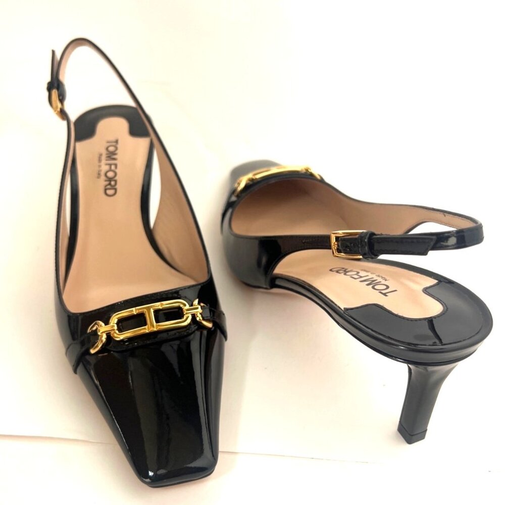Tom Ford Whitney Slingback Pump Women Black Patent Leather Kitten Heels Size 37